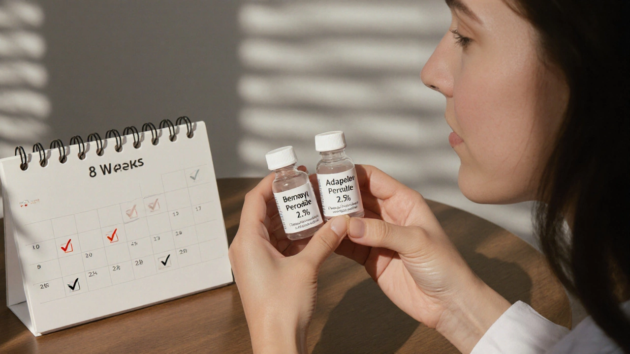 Дерматолог держит два средства от акне рядом с календарем, отмечающим 8 недель лечения.