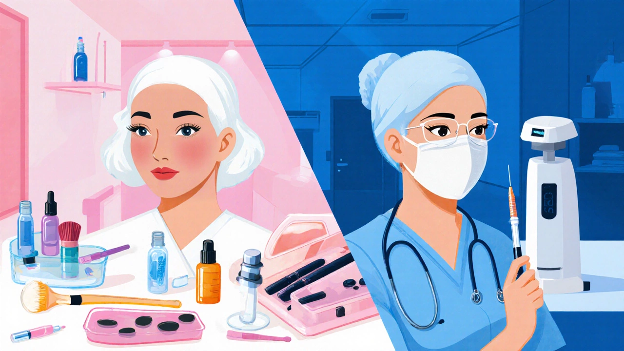 Разделённое изображение: косметолог с косметикой слева, врач‑дерматолог с инструментами справа.