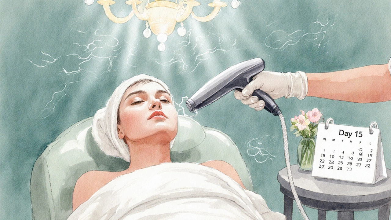 Специалист проводит лазерную шлифовку на клиенте в спокойной spa‑обстановке, кожа сияет.