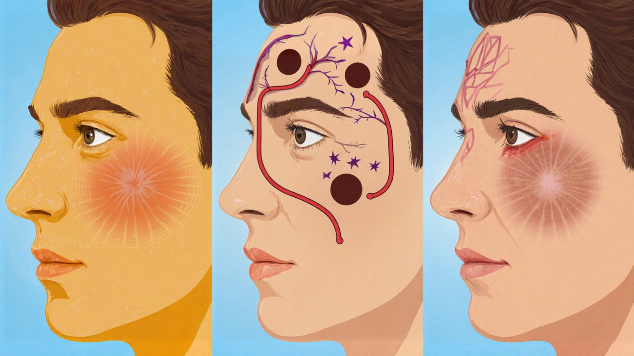 Три профильных изображения лица: желтуха, цирроз, хронический гепатит.