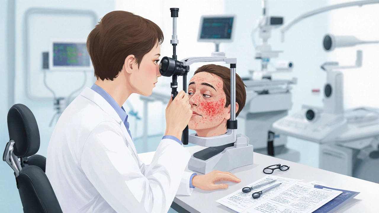 Врач-дерматокосметолог диагностирует акне с помощью дермаскопа.