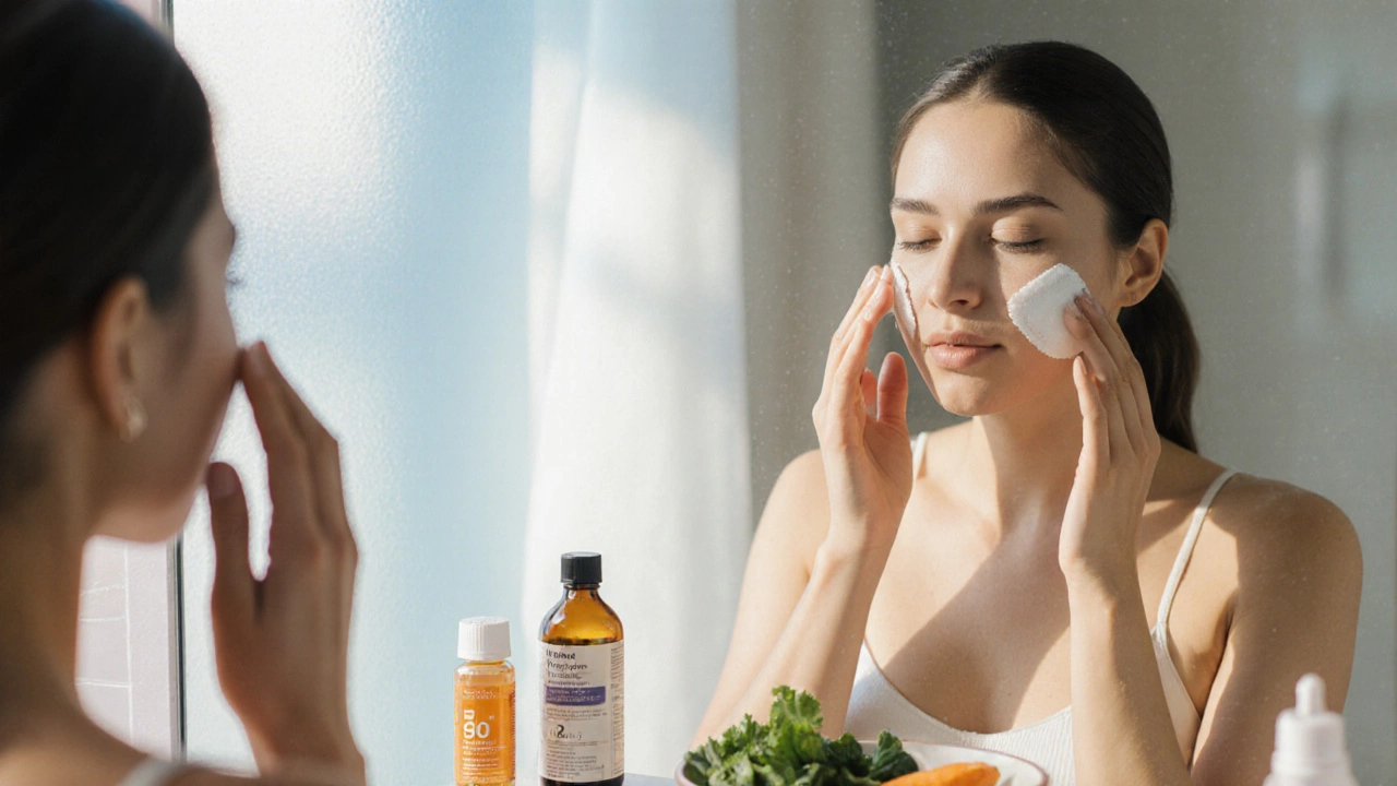 Женщина наносит увлажняющий крем, рядом солнцезащитный крем и овощи.