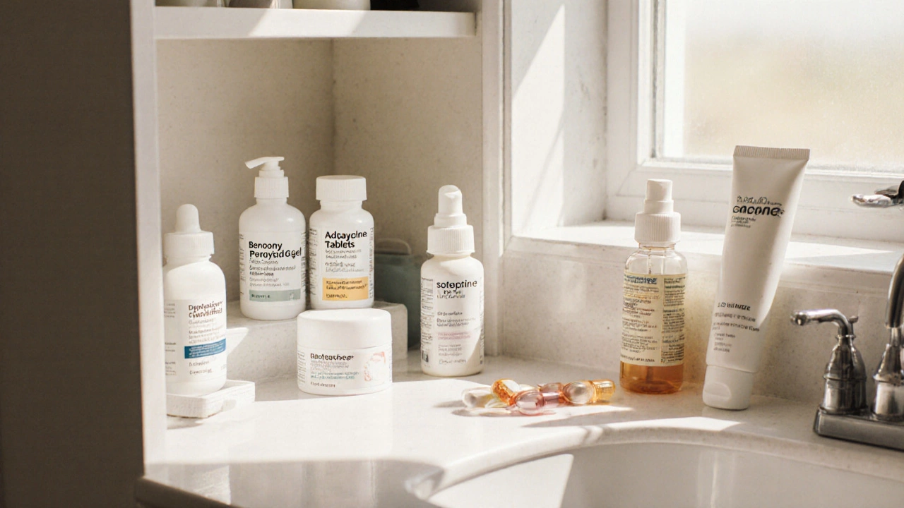 Аптечка с лекарствами от акне: бензоилпероксид, адапален, доксициклин и изотретиноин.