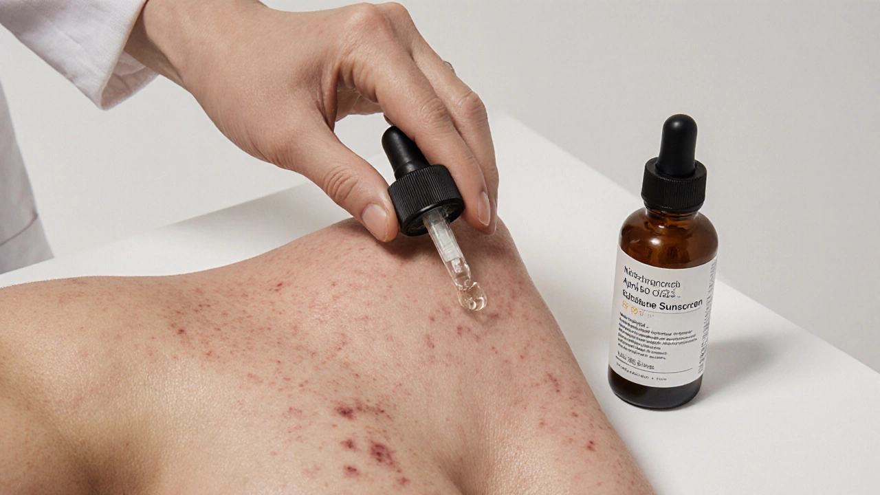 Дерматолог наносит сыворотку с никотинамидом на кожу с улучшающимися следами от прыщей.