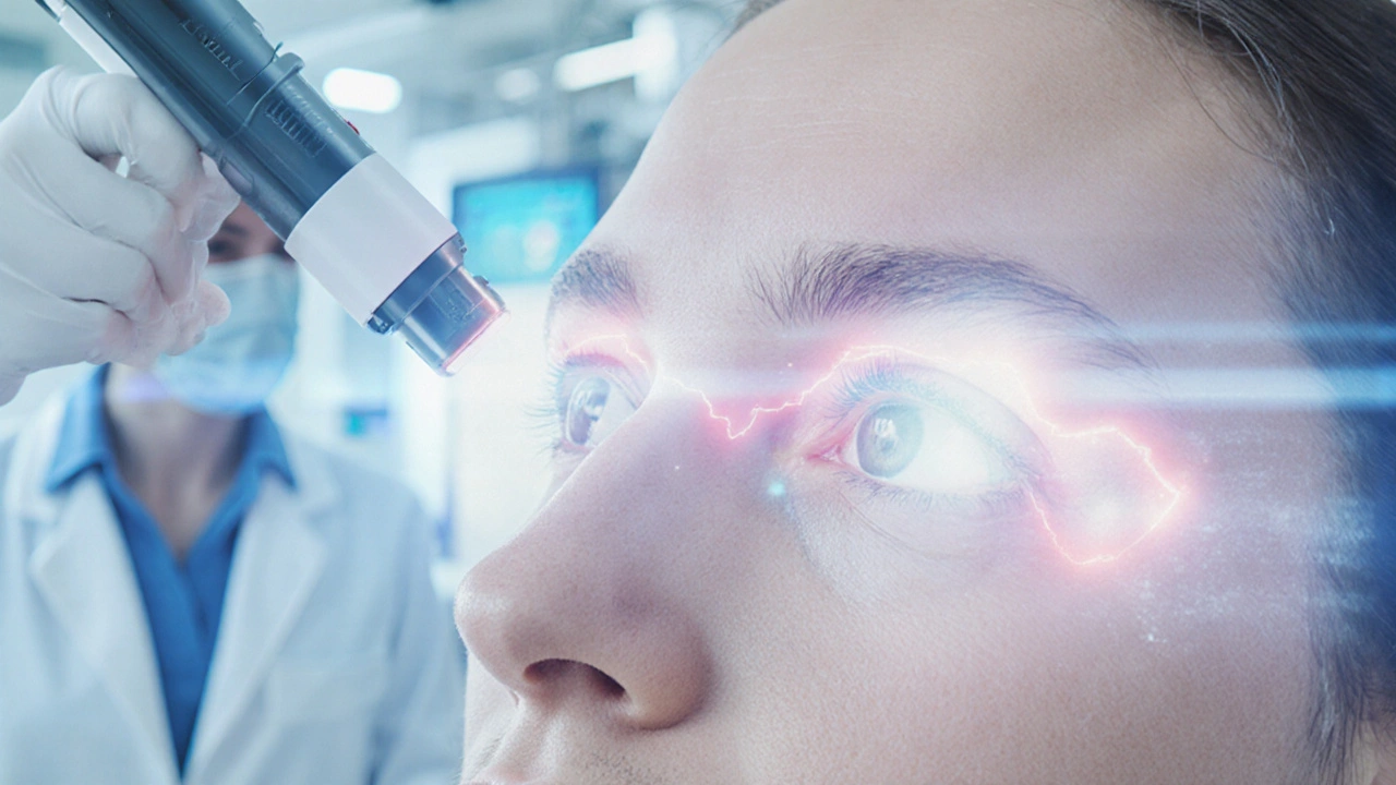 Дерматолог проводит фракционную лазерную шлифовку вокруг глаз в клинической обстановке.