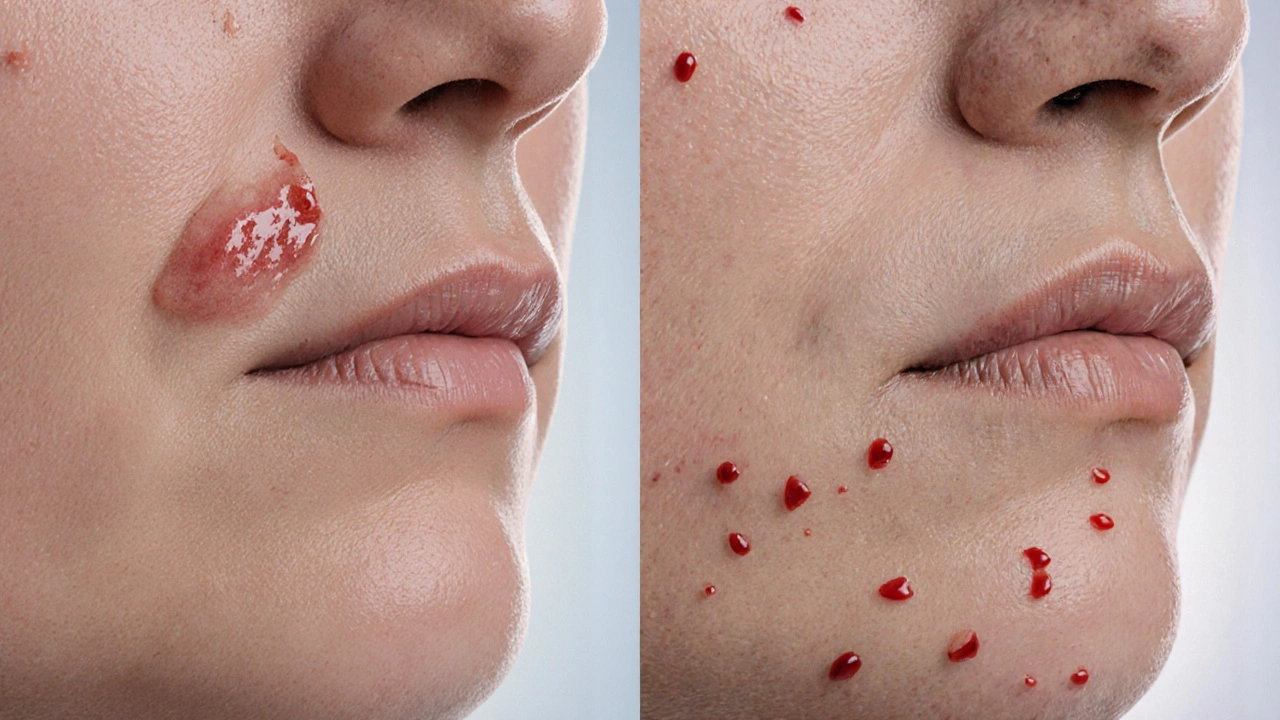 Кистозный прыщ на челюсти до и после укола кортикостероида.