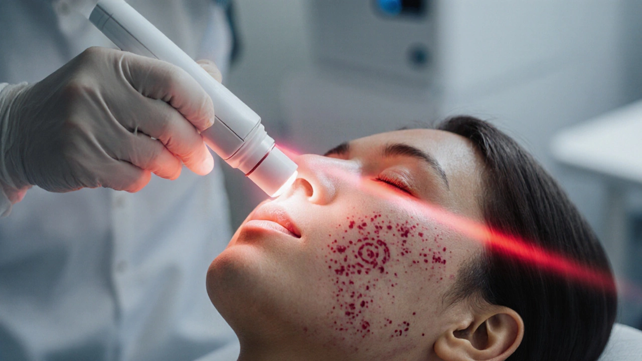Лазерная терапия акне: мягкие лучи воздействуют на сальные железы, уничтожая бактерии и уменьшая жирность кожи.