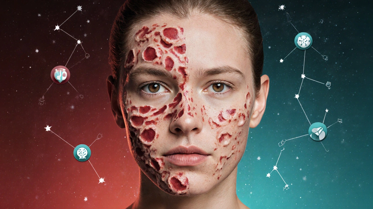 Лицо, переходящее от тяжелого акне к чистой коже — символ лечения изотретиноином.
