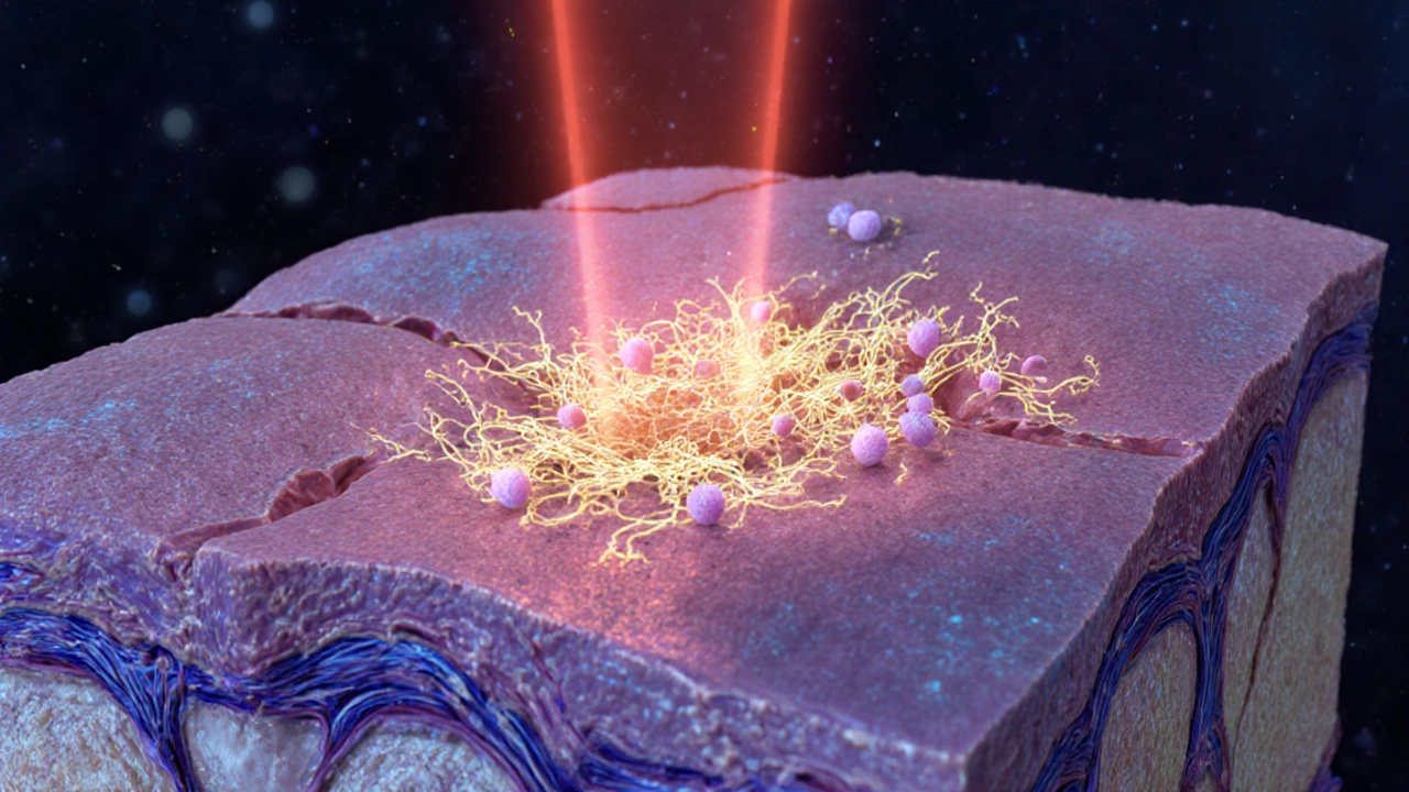 Разрез кожи: лазер стимулирует фибробласты, производящие коллагеновые волокна.