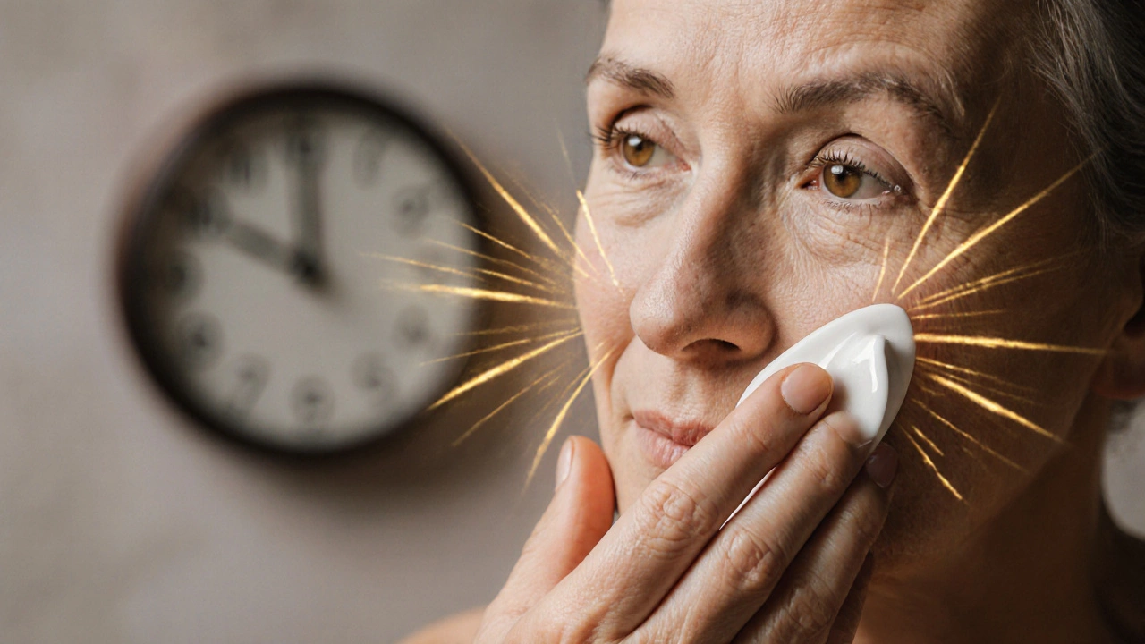 Рука наносит увлажняющий крем на зрелую кожу с мягким светом, символизирующим обновление.