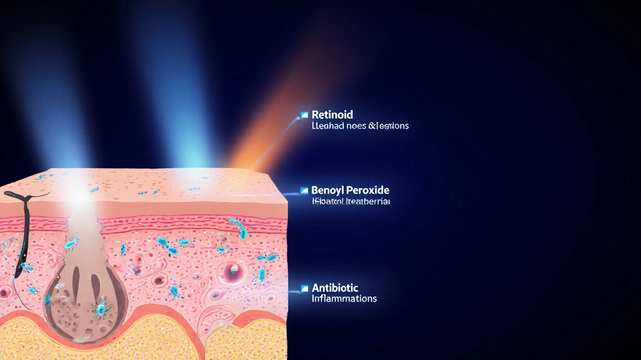Схема кожи: три механизма лечения акне — разблокировка пор, уничтожение бактерий и снижение воспаления.