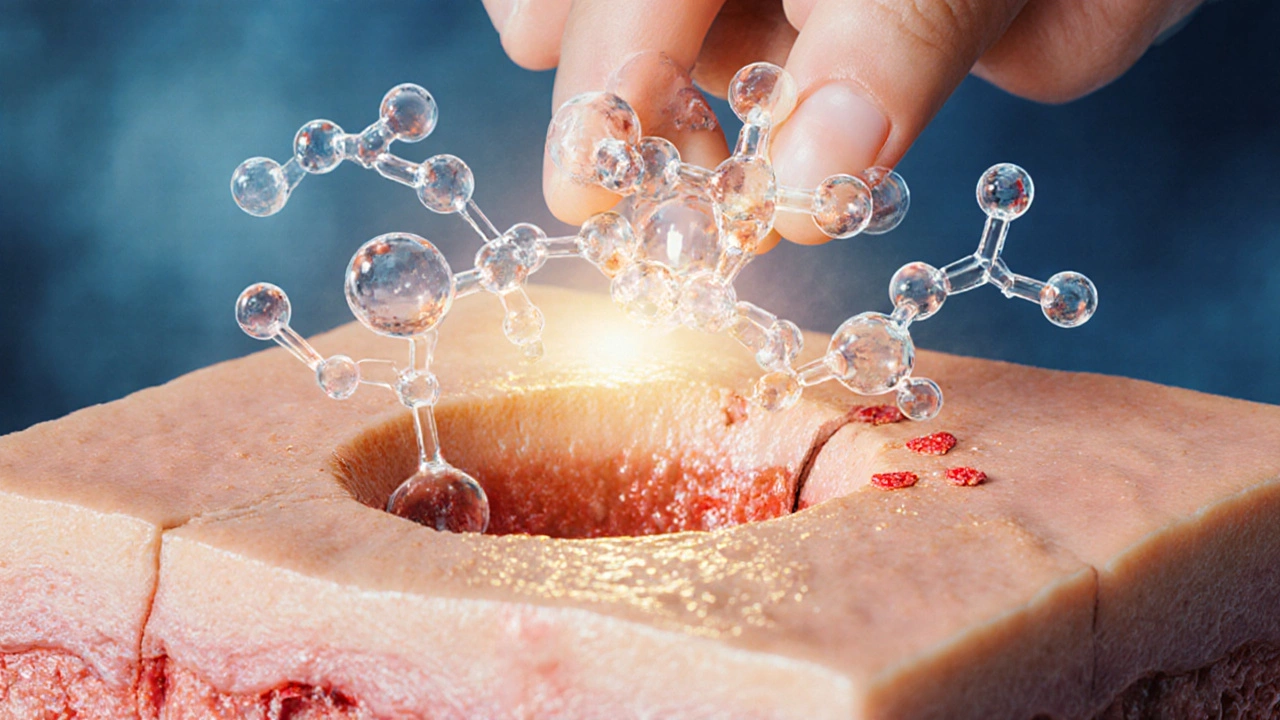 Схематическое изображение химического пилинга, показывающее, как кислота очищает забитые поры и снижает воспаление.