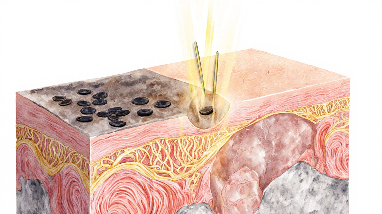 Схематическое изображение восстановления кожи: пигментация исчезает, а коллаген восстанавливает вмятины.
