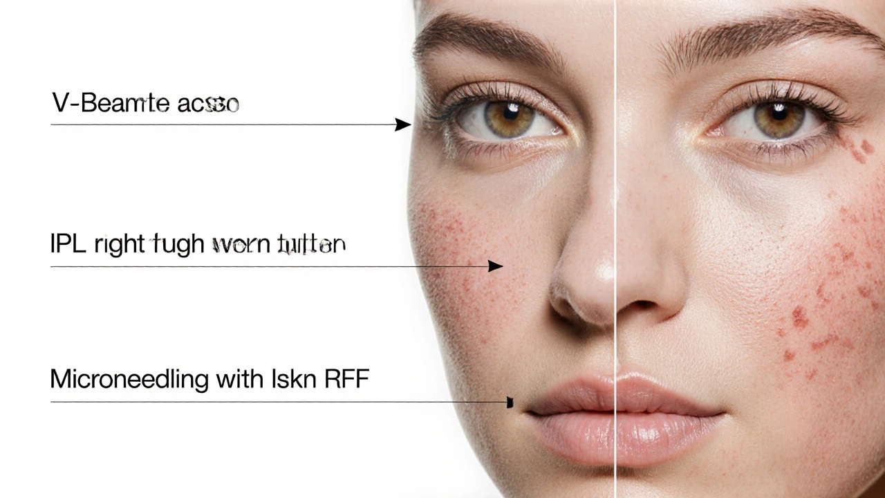 Схематичное изображение трёх методов лечения постакне: лазер V-beam, IPL и микронидлинг с РЧ.