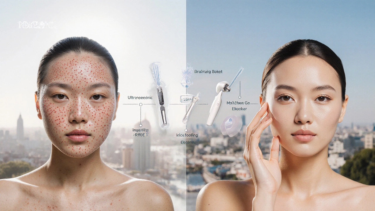 Сравнение до и после ухода за кожей: от воспалённой до сияющей, с инструментами, связывающими процесс восстановления.