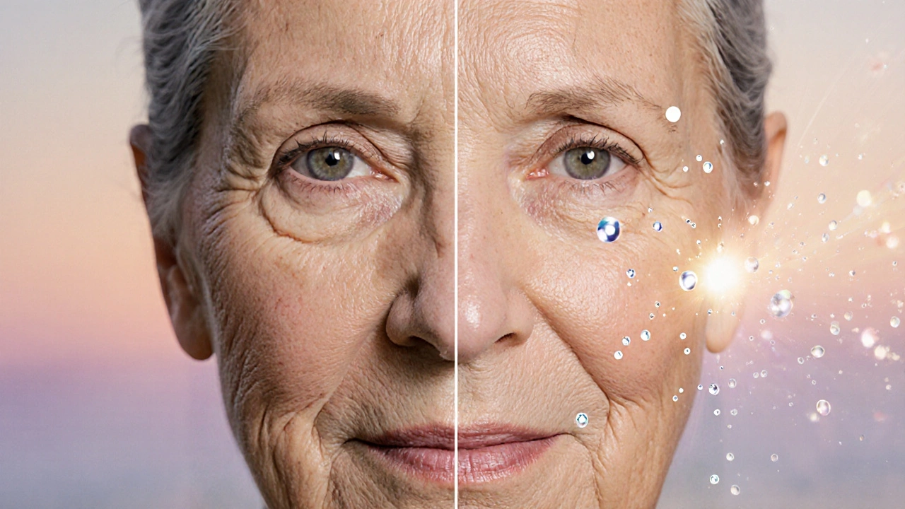 Сравнение кожи до и после ухода: сухая и неровная против гладкой и сияющей.