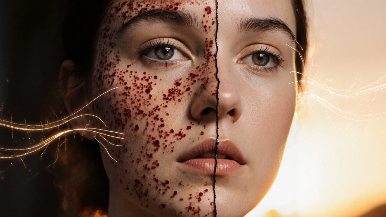 Сравнение повреждённой кожи и восстановленной: слева — следы акне, справа — гладкая кожа с визуализацией коллагена.