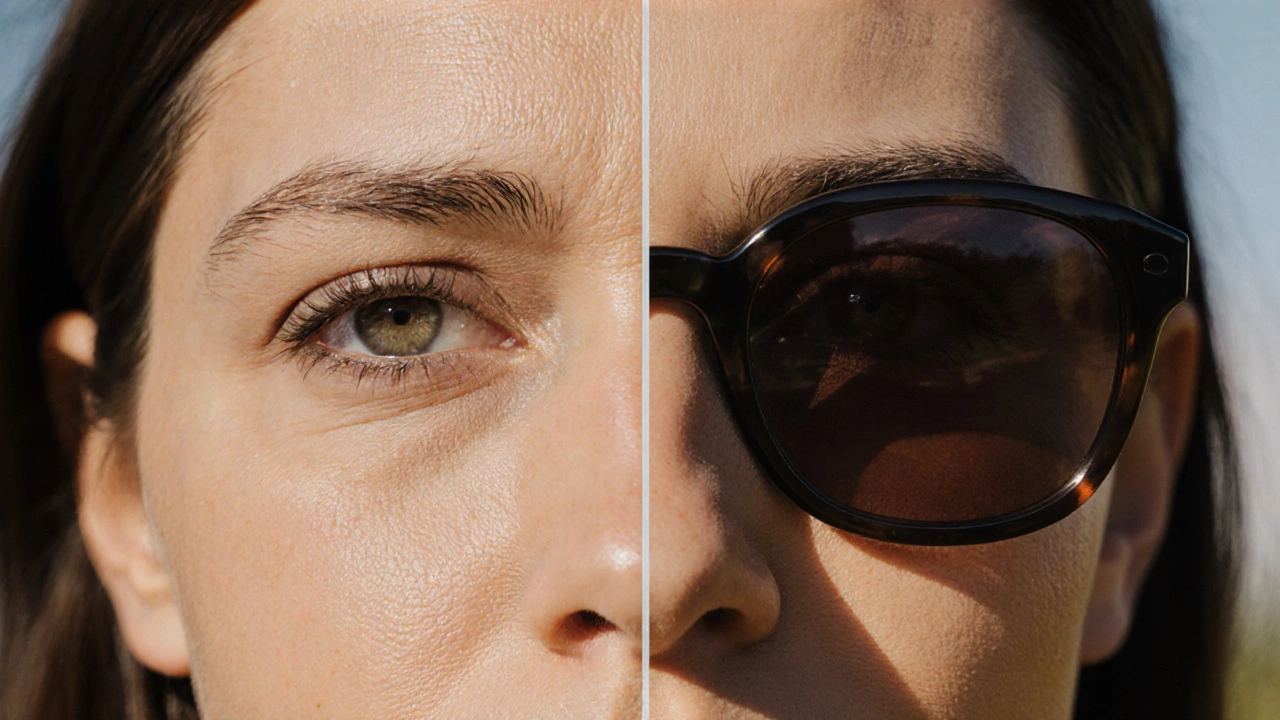 Сравнение старой и обновленной кожи вокруг глаз: с морщинами и без них.