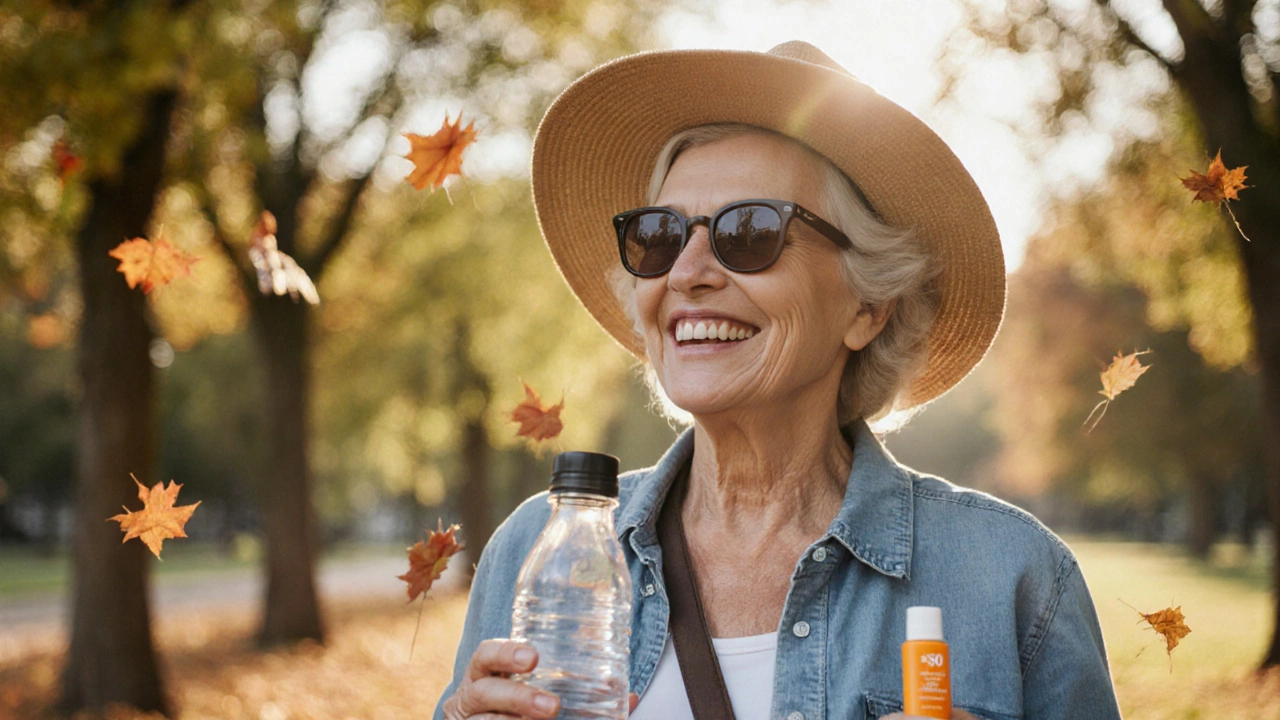 Женщина 50+ гуляет в парке, ее кожа выглядит здоровой и сияющей, на ней солнцезащитные очки и шляпа.