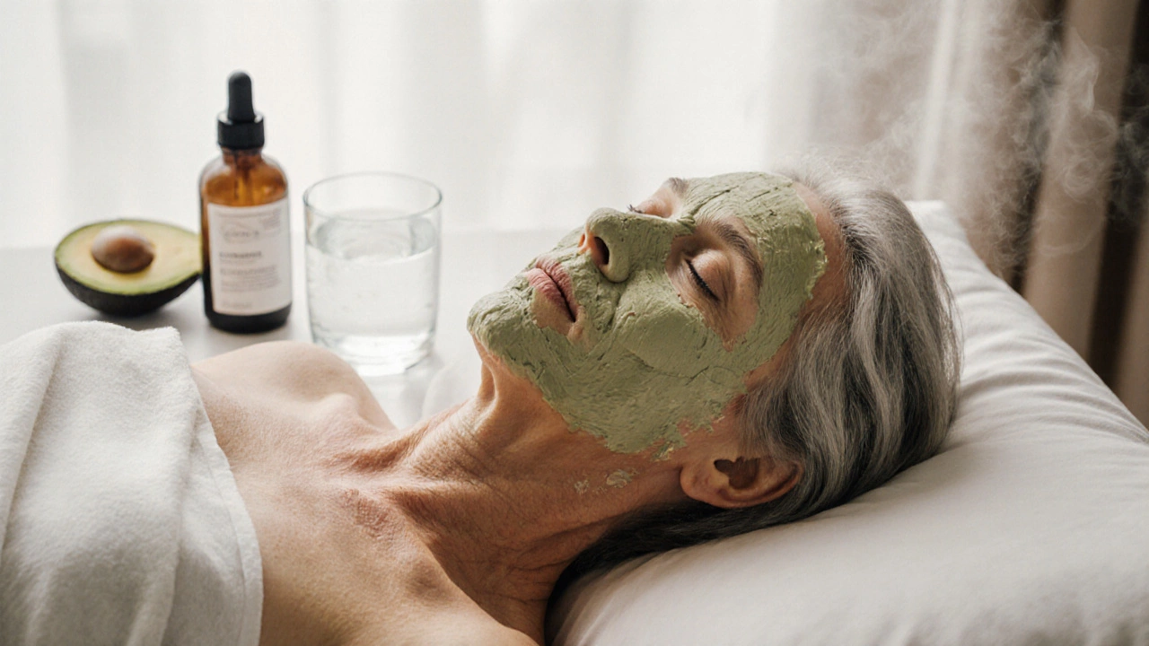 Женщина лежит с маской из авокадо и овсянки на лице, утренний свет в комнате.
