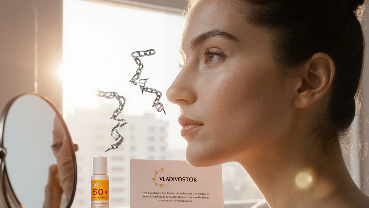 Женщина с чистой кожей смотрит в зеркало, на столе — крем SPF 50+ и записка от дерматолога.