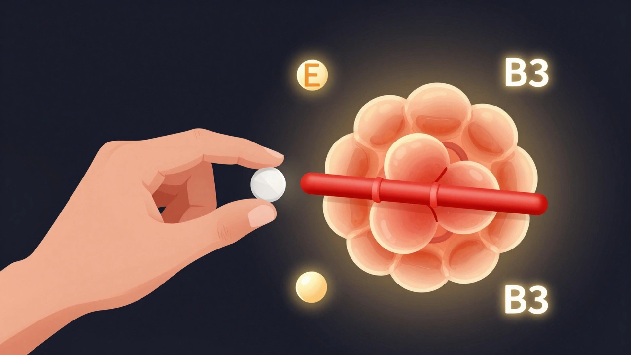 Биохимическая иллюстрация: витамины С, Е и В3 блокируют фермент, вызывающий пигментацию.