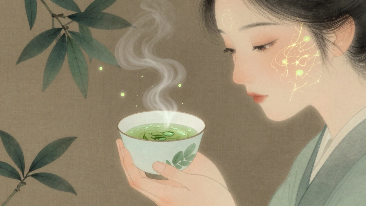 Человек пьёт зелёный чай, вокруг него летят антиоксиданты, формирующие коллагеновые волокна.