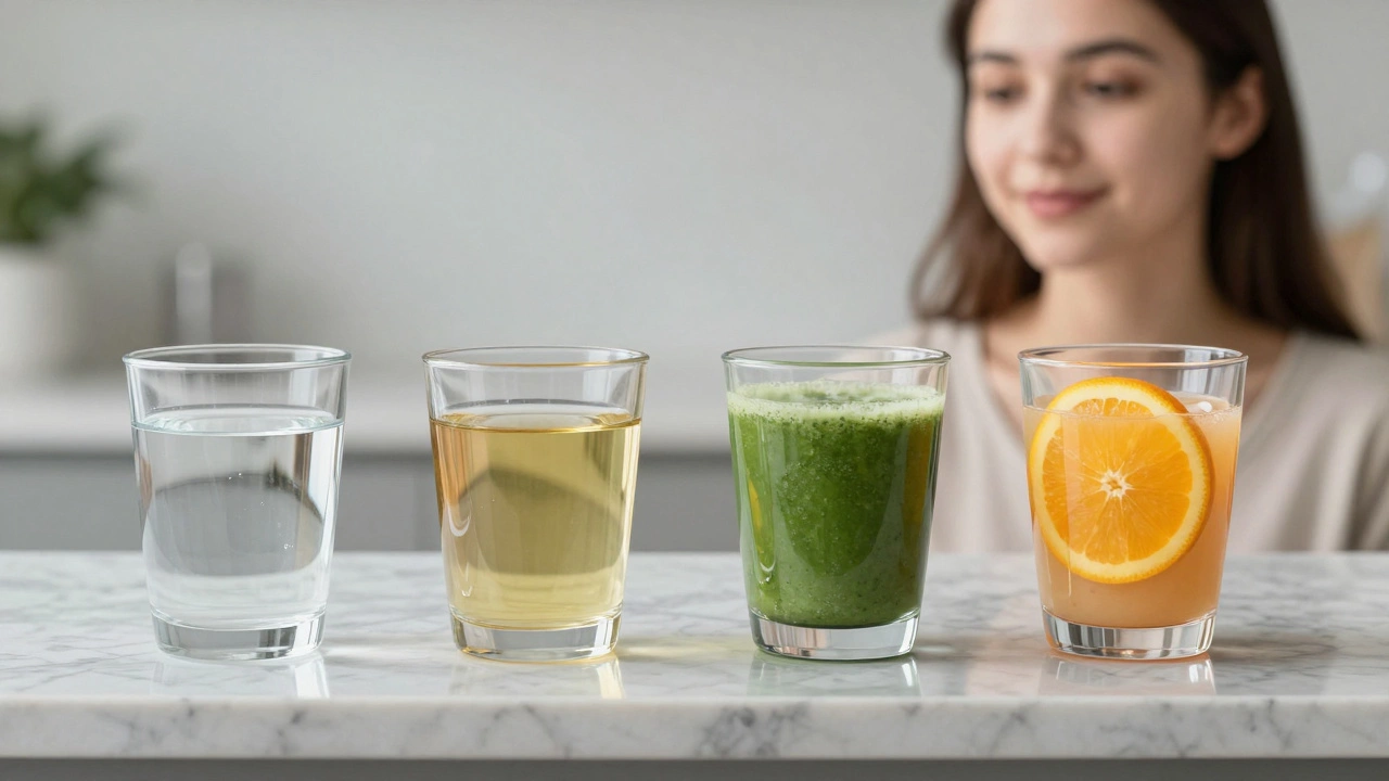Четыре напитка для молодости кожи: вода, зелёный чай, смузи и коллаген с апельсином.