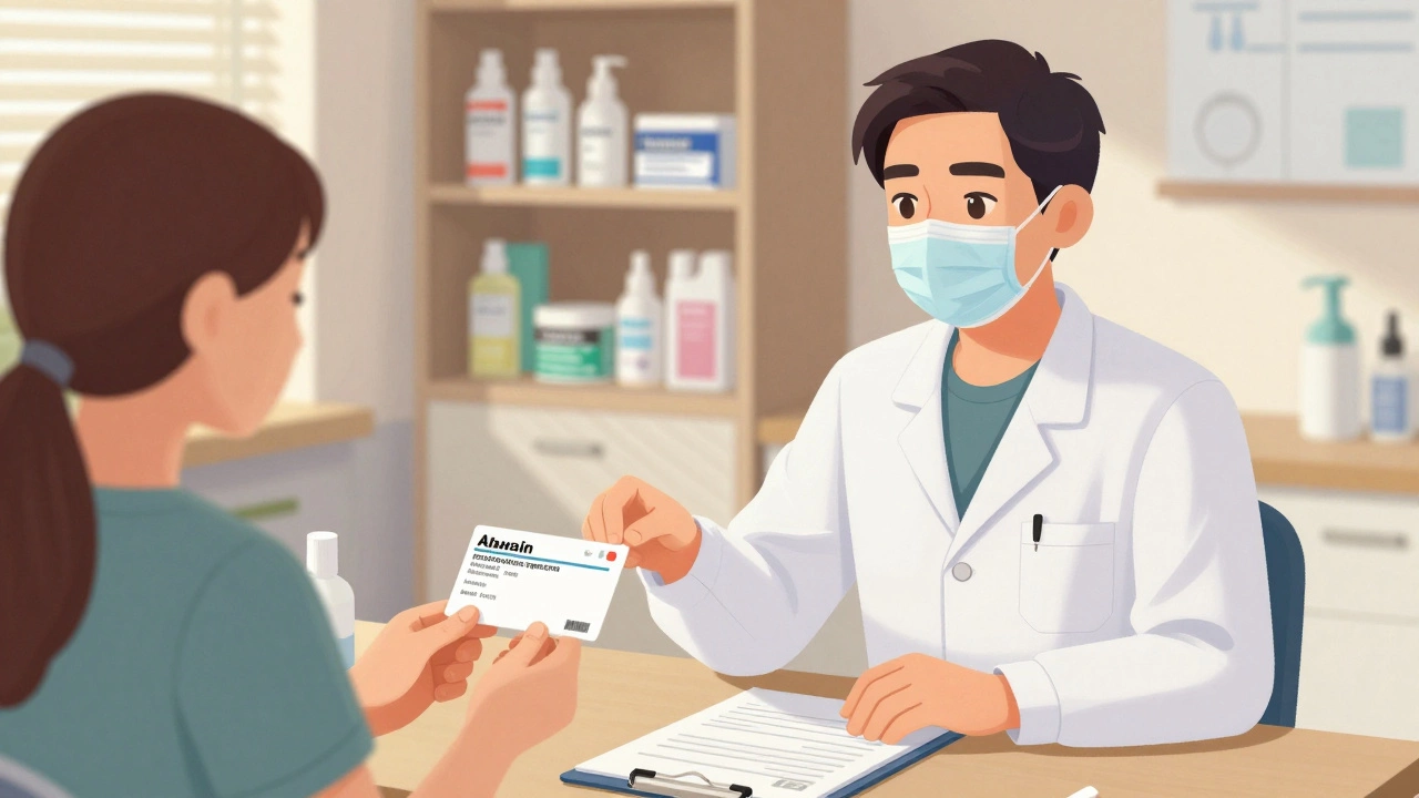 Дерматологическая консультация в России, пациент держит рецепты на средства от акне, на полках — российские косметические бренды.