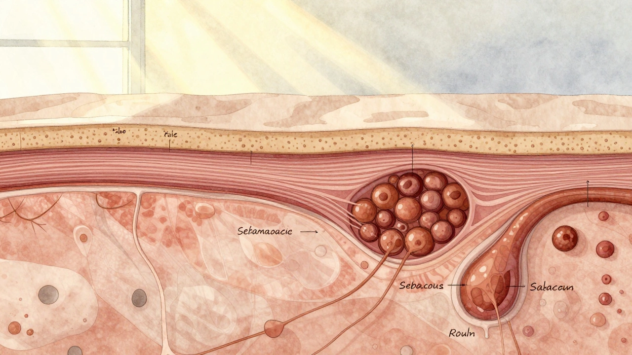 Художественное изображение изменений кожи с возрастом: коллаген, пигментация и сальные железы в разрезе.