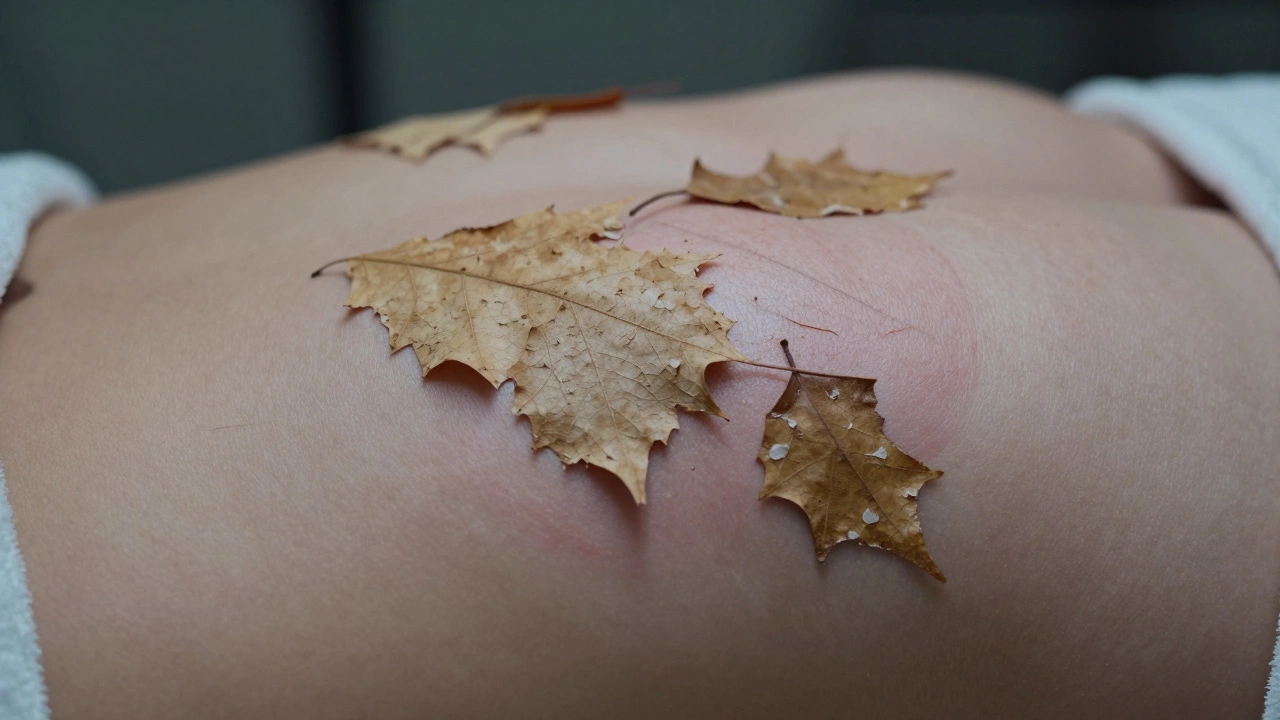 Кожа в период шелушения: сухие чешуйки на фоне новой розовой кожи.