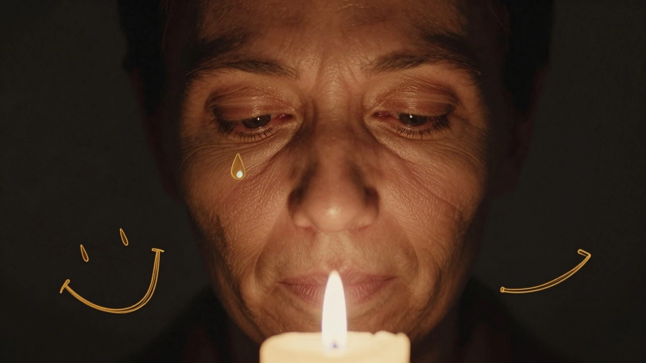 Лицо с мягкими морщинами, окружённое золотыми нитями, символизирующими эмоции и жизненный опыт.