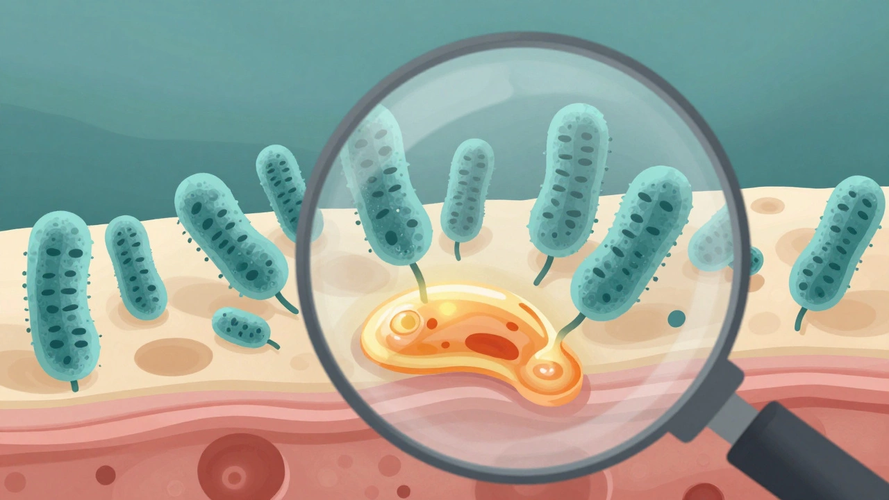 Микроскопический вид забитого пора: сальные железы, бактерии и активные ингредиенты, борющиеся с воспалением.