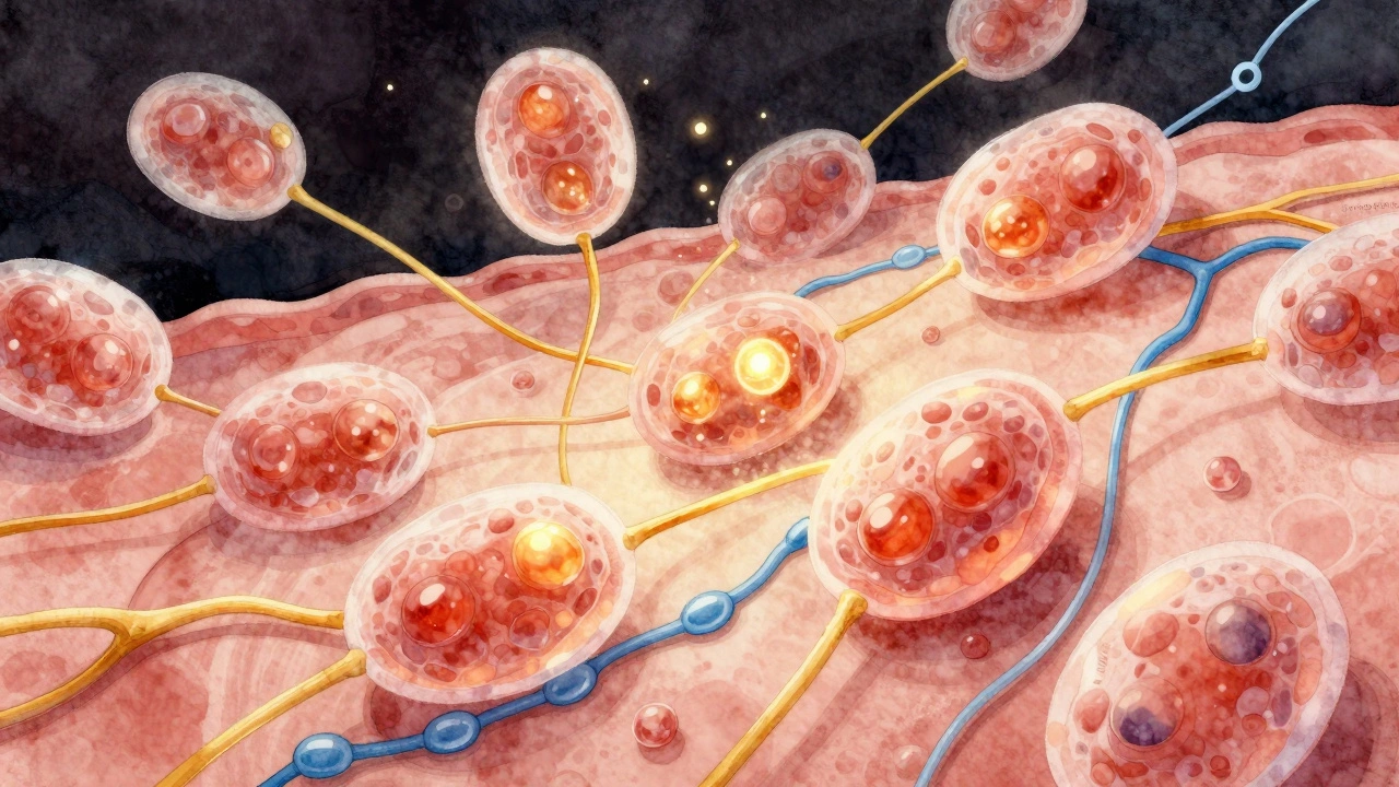 Микроскопическое изображение клеток кожи, производящих коллаген под действием ретинола и пептидов.