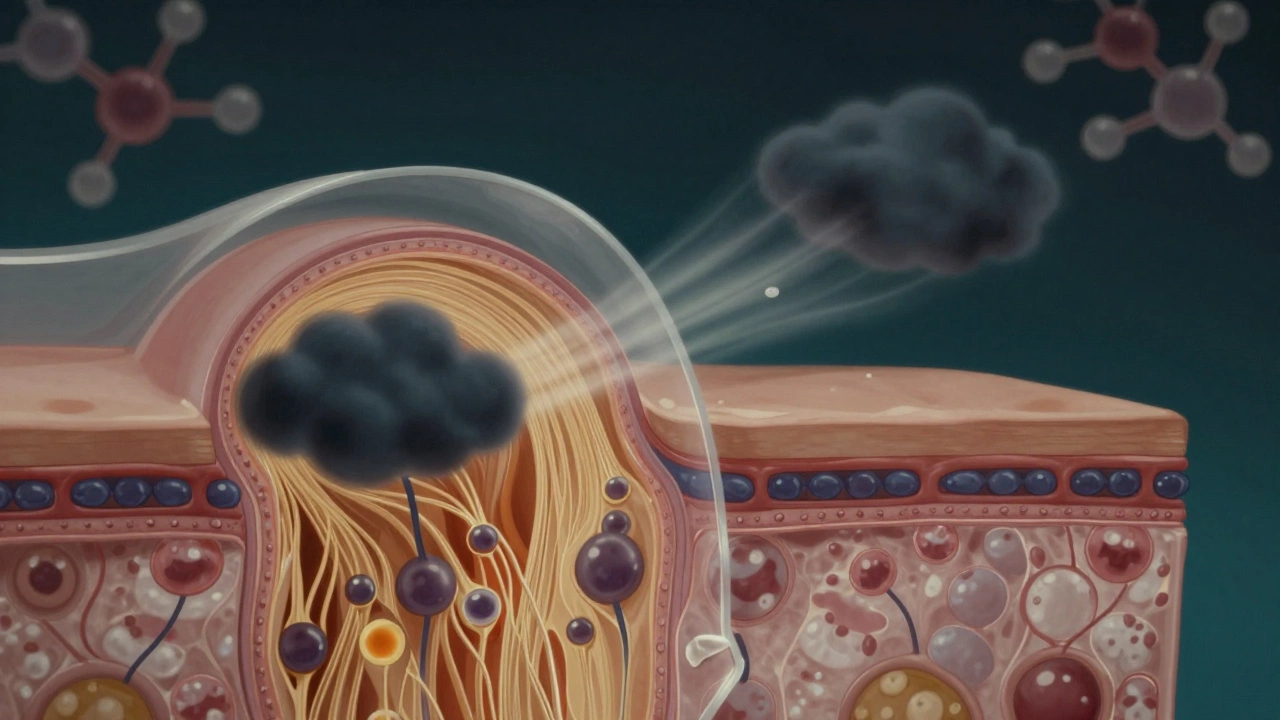 Прозрачное сечение кожи ночью: коллаген восстанавливается, гиалуроновая кислота проникает глубоко, тяжёлые компоненты оттеснены.