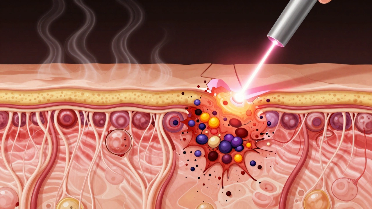 Разрез кожи, показывающий здоровые и поврежденные слои под воздействием лазерного луча.