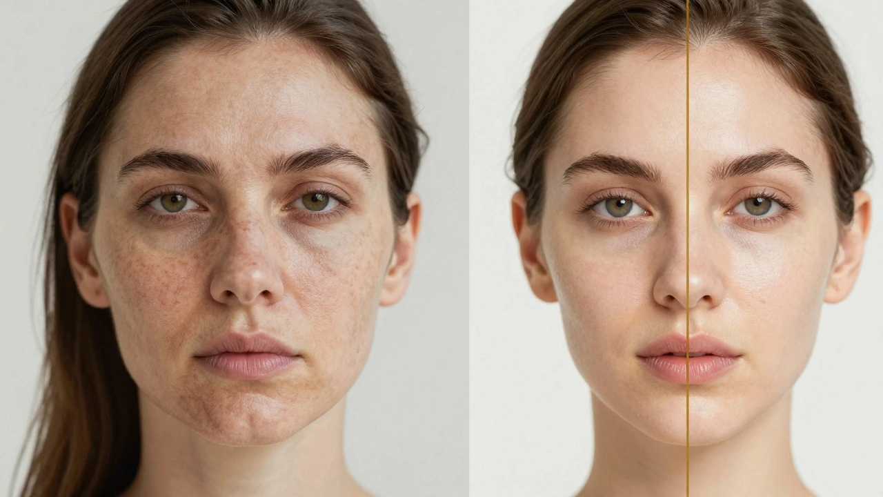 Сравнение лица до и после шести месяцев ухода: тусклая кожа слева, сияющая — справа.