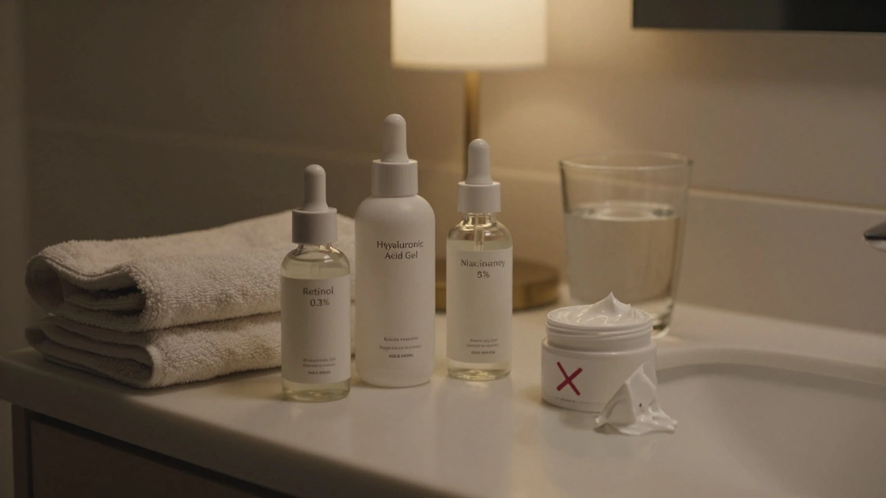 Три лёгких ночных крема на фоне отброшенного тяжёлого — чистая, спокойная атмосфера ухода за кожей.