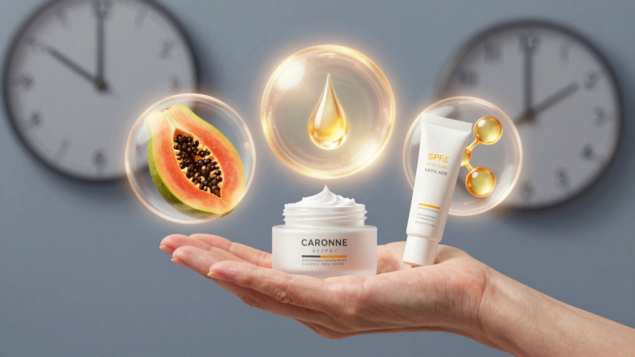 Три типа пилингов для зрелой кожи — ферменты, кислоты и ретинол — как светящиеся элементы рядом с увлажняющим кремом и солнцезащитным средством.