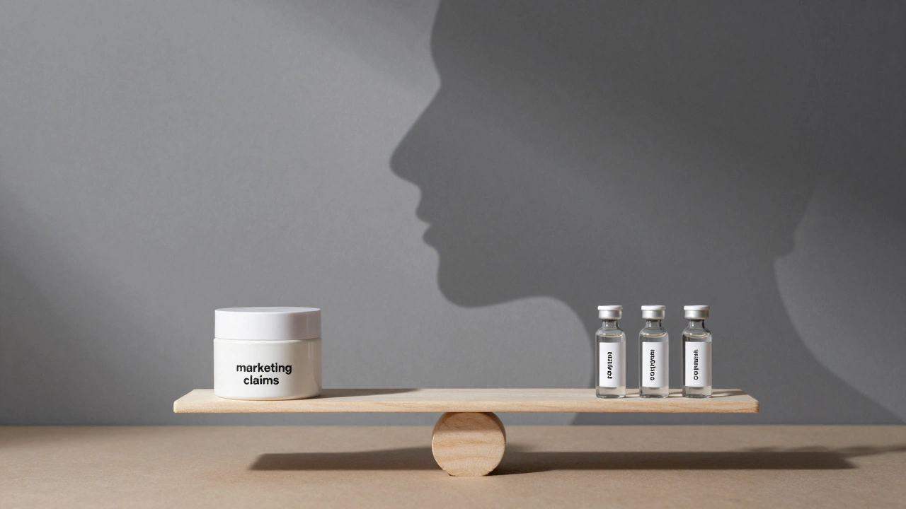 Весы с эффективными ингредиентами против маркетинговых кремов — тень образует подтянутый силуэт лица.