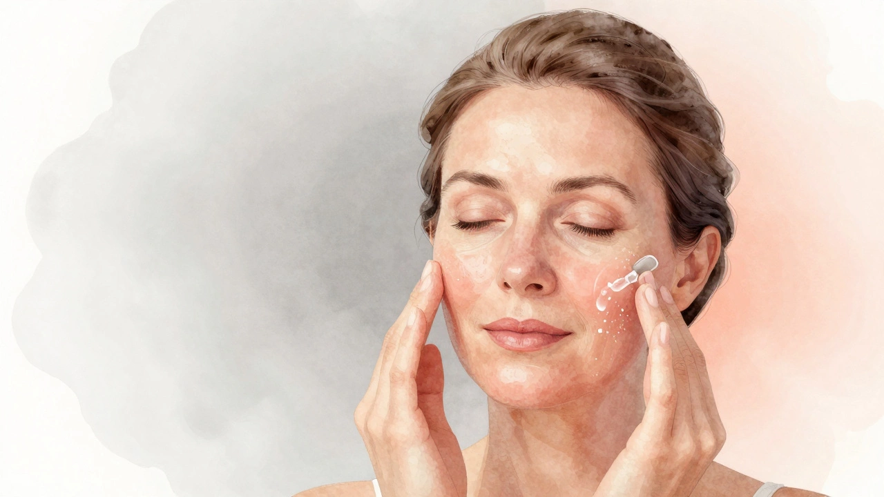 Женщина наносит нежный химический пилинг с молочной кислотой, кожа слегка розовеет, символизируя мягкое обновление.