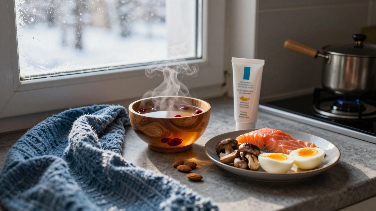 Зимняя кухня в России: чай из шиповника, миндаль, грибы, лосось и яйца на столе.