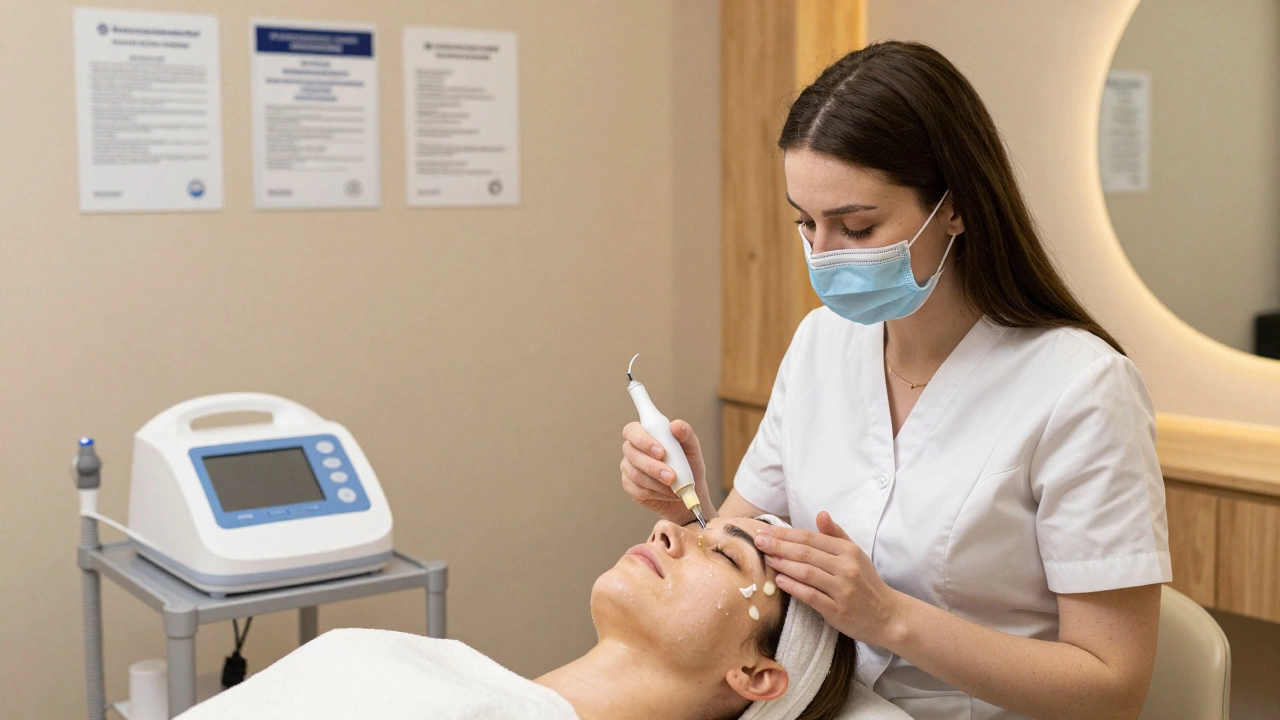 Эстетист наносит мягкий фруктовый пилинг, соблюдая все правила безопасности и гигиены.