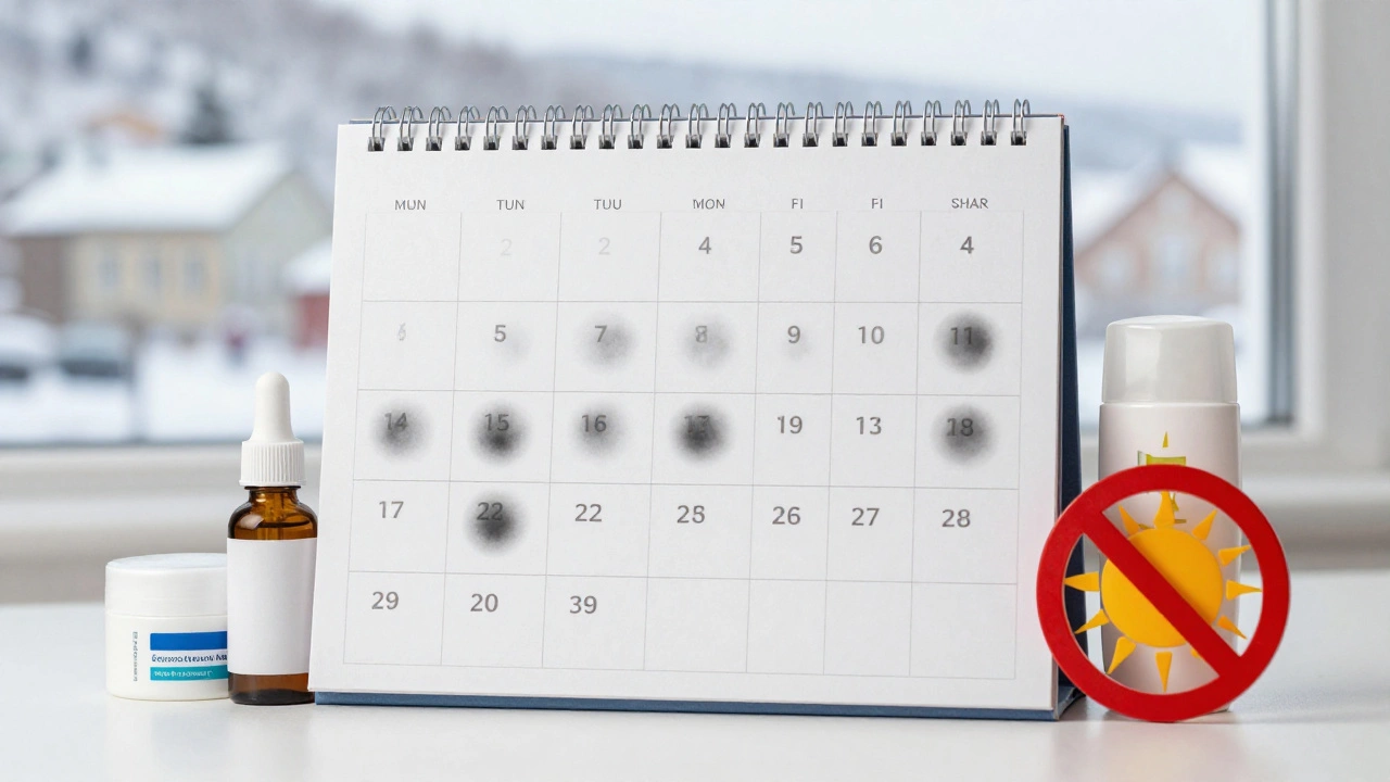 Календарь с отмеченными сеансами лечения пигментации, рядом — кремы и солнцезащитный крем, зимний вид за окном.