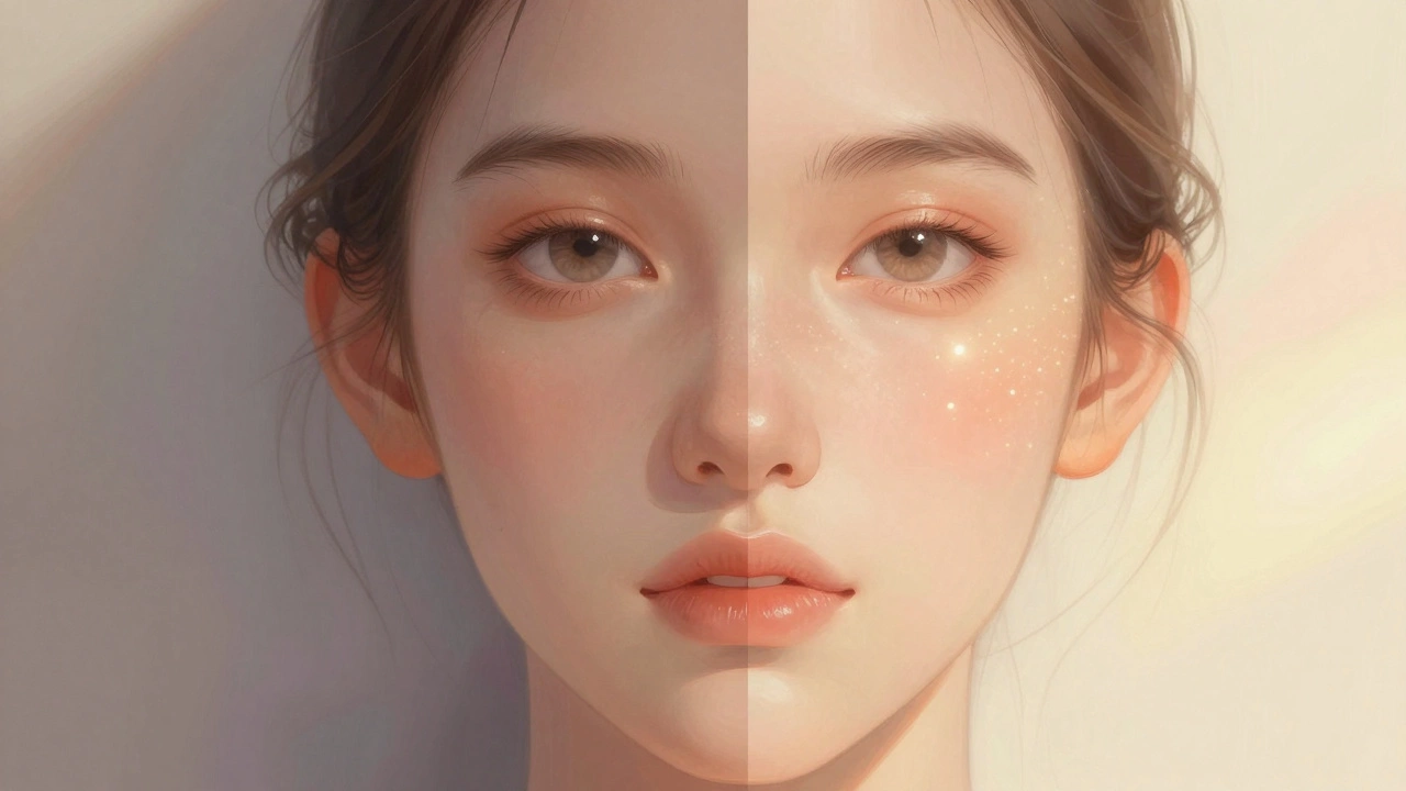 Лицо разделено пополам: одна сторона — до процедур, другая — после восстановления кожи.