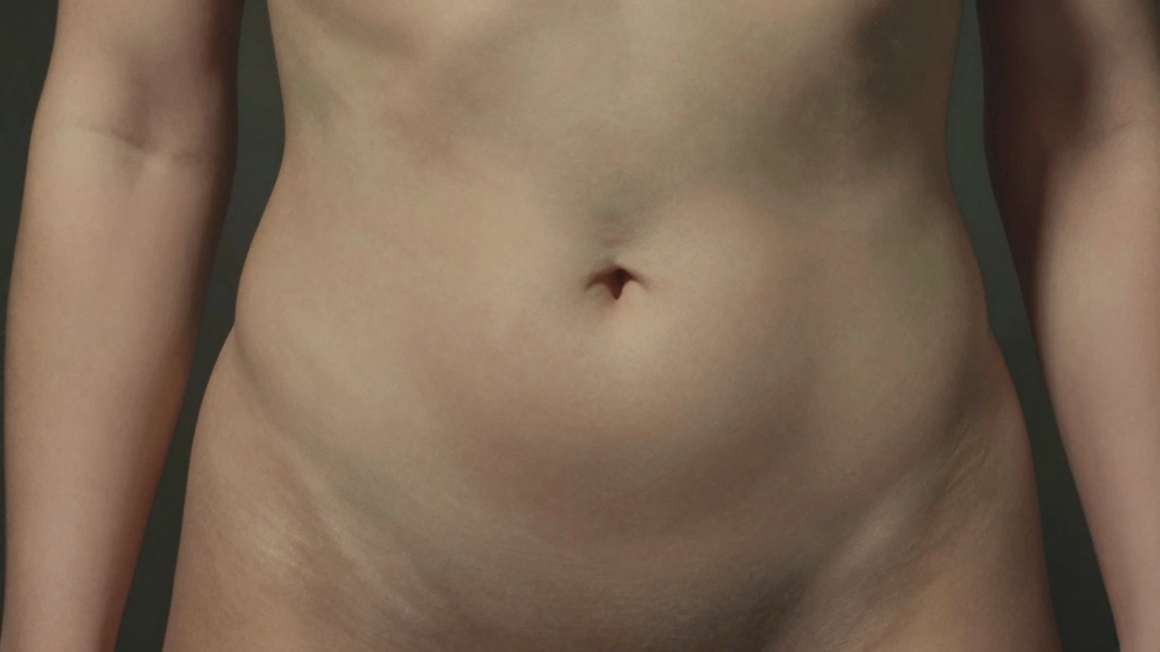 Неровные пигментные пятна в складках кожи на животе и паху, цвета кофе с молоком.