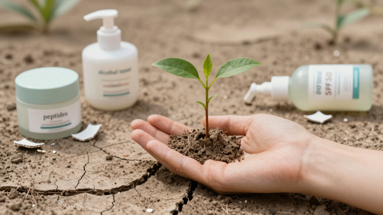 Растение растет через треснувшую землю, вокруг — средства ухода для зрелой кожи.