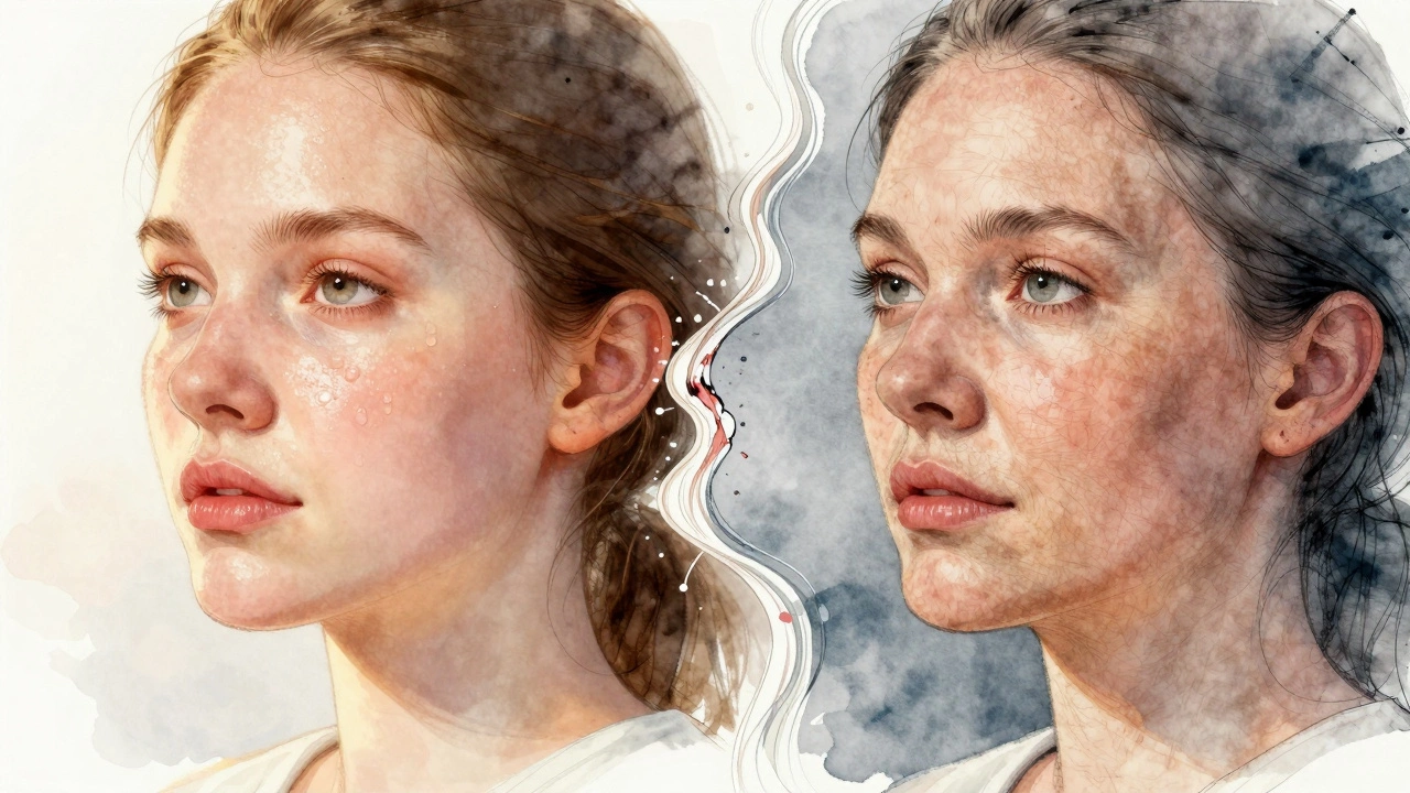 Разделенное изображение лица: молодая кожа слева, зрелая — справа с признаками сухости и пигментации.