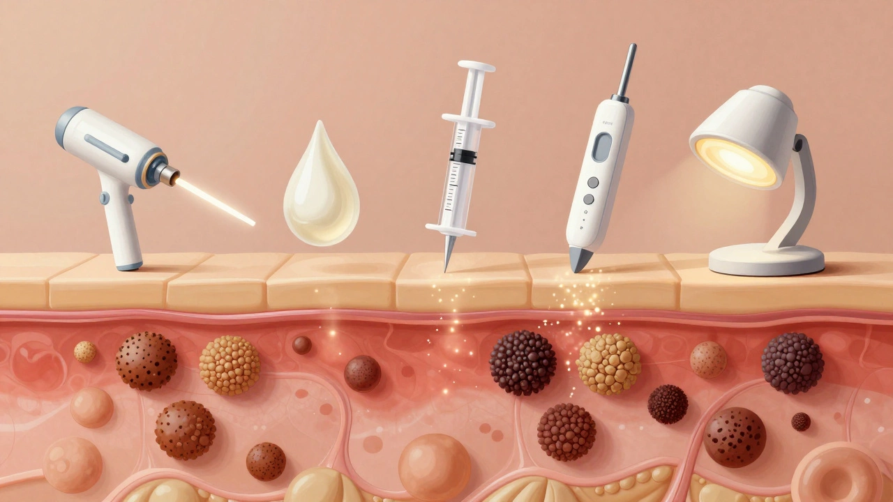 Схема кожи с меланиновыми пятнами и пятью методами их удаления: лазером, пилингом, мезотерапией, микронидлингом и ФДТ.