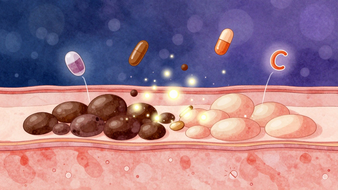 Схематическое изображение клеток кожи, где тёмный меланин превращается в светлый под действием антиоксидантов.